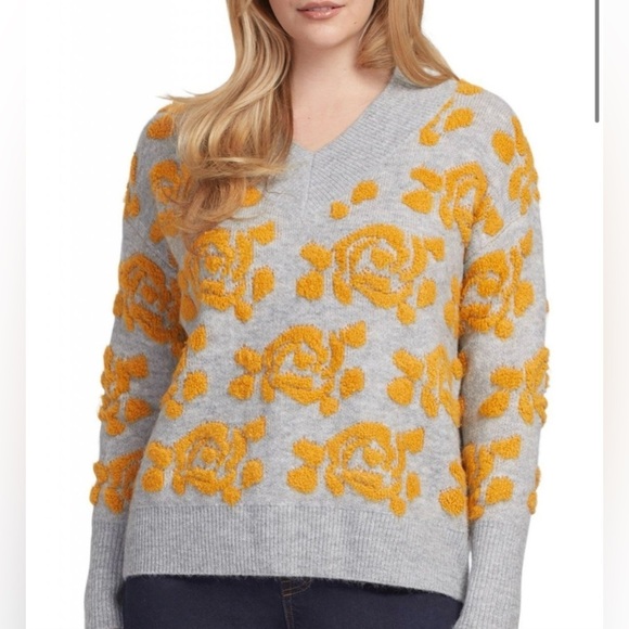 TRIBAL Woman’s V-Neck Intarsia Gray Inlay Floral Accent Sweater-Sunset Large - Picture 2 of 16